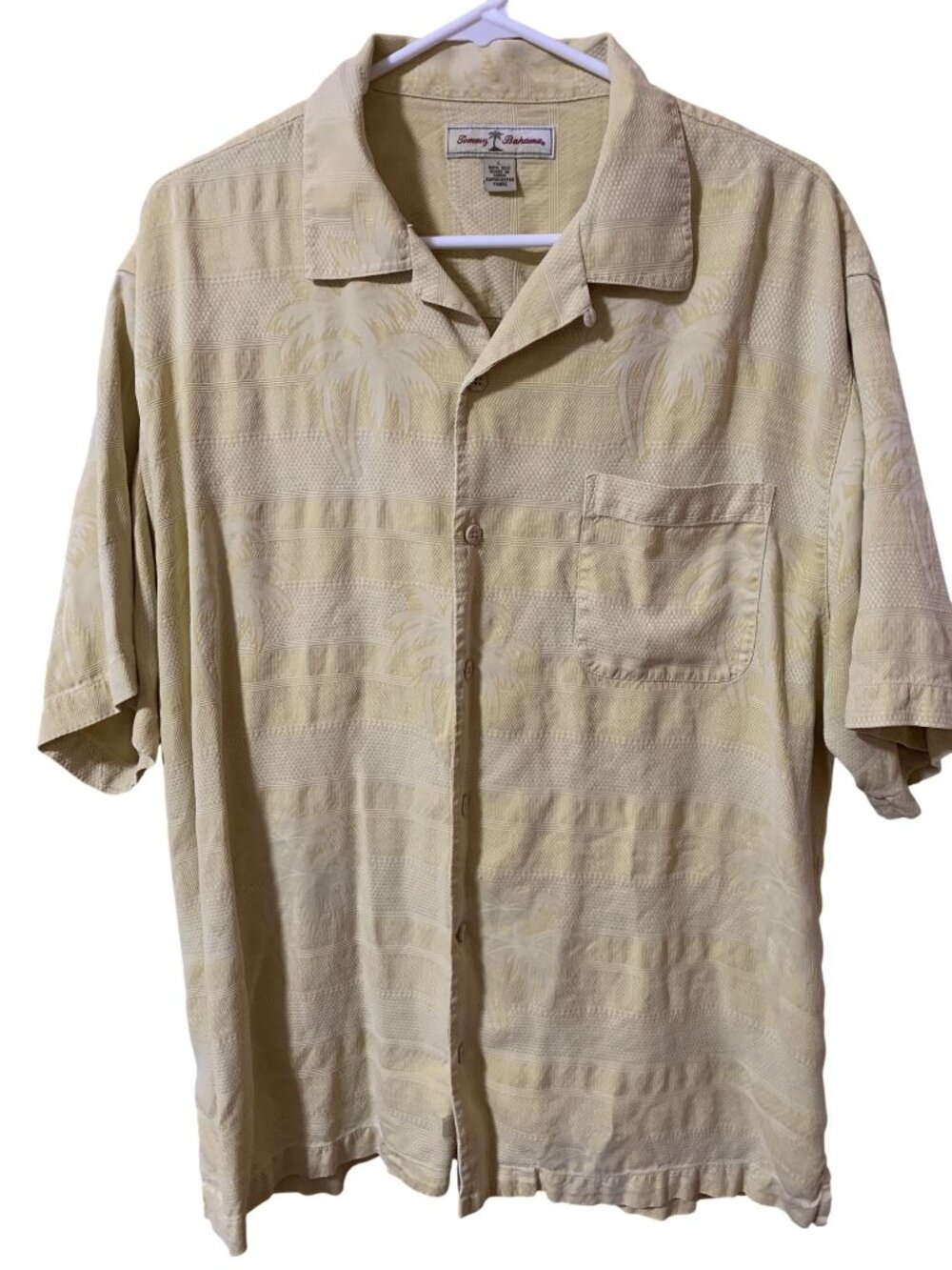 Tommy Bahama Men Large 100% Silk Camp Shirt Yellow Palm Tree Hawaiian Aloha
